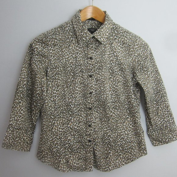 Talbots Womens 6 Petite 6P Brown White Leopard Animal Print Cotton Blouse Shirt - Picture 1 of 11